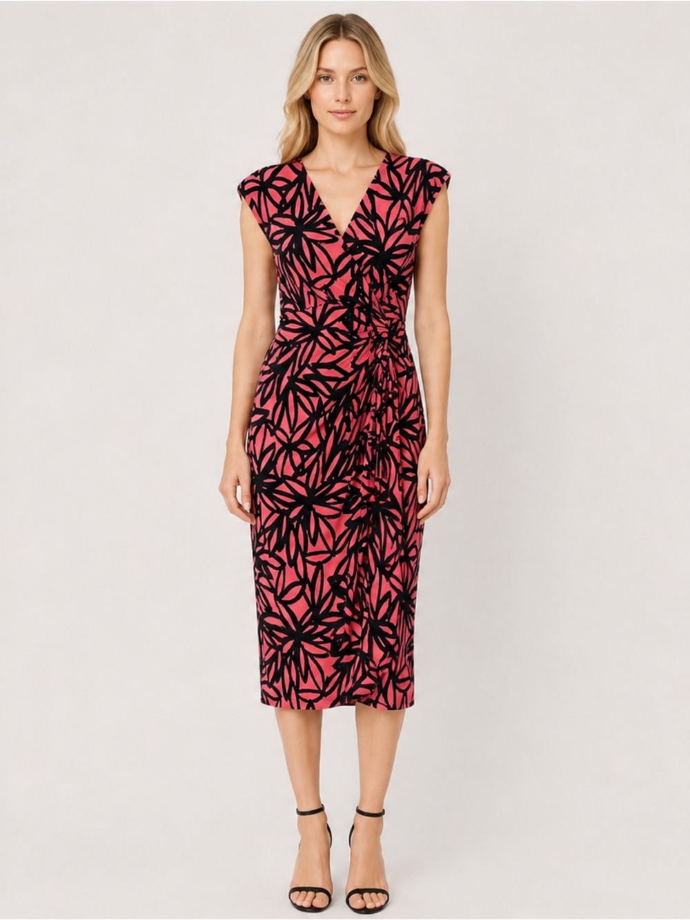 London Times Coral/Black Floral Abstract Tie Front Wrap Sheath Dress Size 10